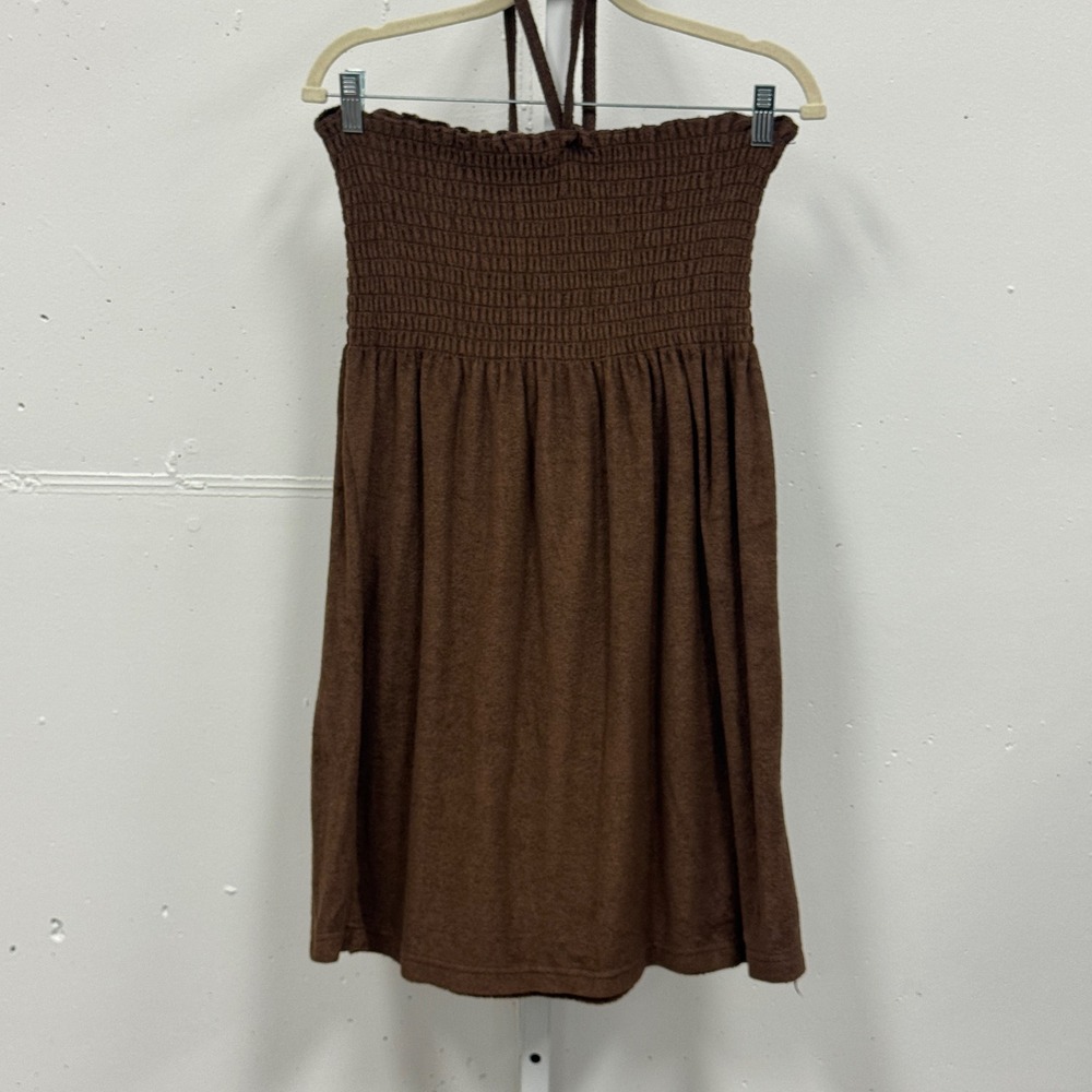 Y2K Exist Brown Smocked Halter Terrycloth Dress Size 1 Knit Casual Summer Mini‎